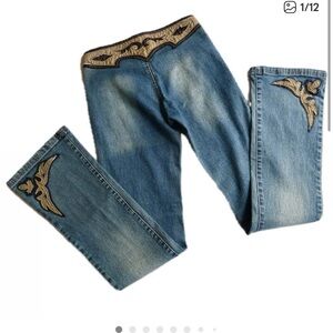 Vintage Low-Rise Cowgirl Jeans in Light Blue with Tan Detailing